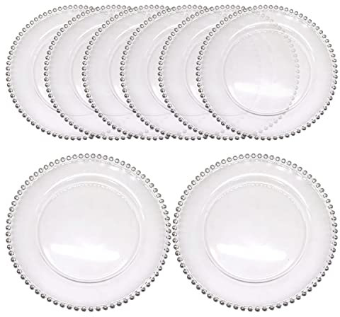 WedDecor Round Clear Glass Charger Plates with Silver Beads, Centerpiece Presentation Plate Set Dinner Table Decorations Weddings Banquets Christmas Dining Parties Tableware, 33cm, 12pcs