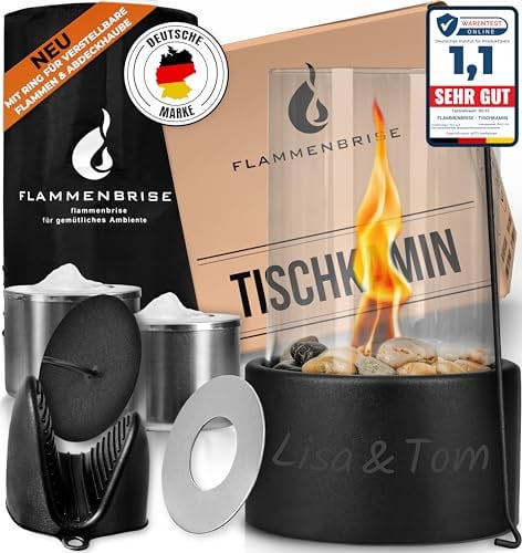 Flammenbrise® Tischkamin | Tischfeuer für Indoor und Outdoor | Ethanol Kamin mit [200g] Natursteinen | INKL. 2 Brennkammern | Unendliche Brenndauer (mit Wunschgravur)