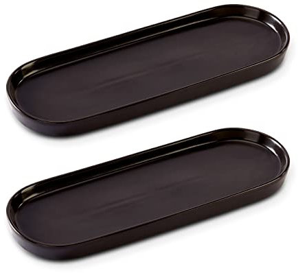 Ceramic Sink Tray, Bathroom Counter Tray, Bathtub Tray, Cosmetics Dish, Candle Tray, Perfume Shampoo Liquid Soap Tray Simple Style Design Suit for Bathroom and Kitchen (2pcs Black)