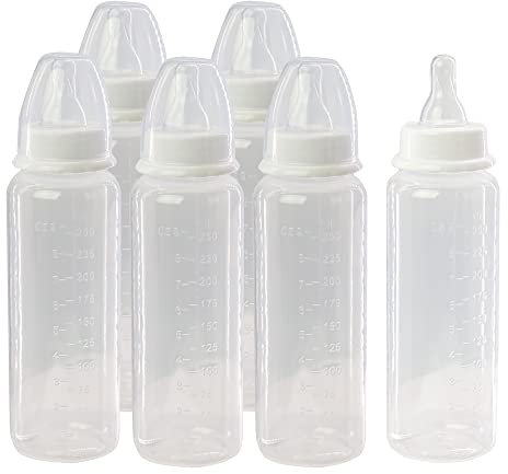 6 Pack of Baby Milk and Water Bottles, Soft Silicone Medium Flow Teats 250ml 8.4oz, Great for Home Nursery or Travel Bags, 0+ Months