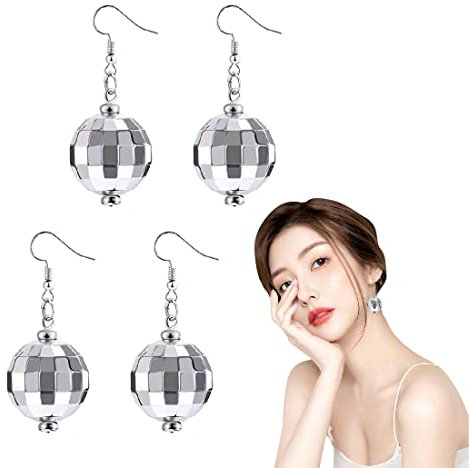 LEEQ Discokugel Spiegelkugel Ohrringe-2 Paar Silber 70er Disco Ball Earrings Thema Party Diskokugel Ohrringe Mädchen Schmuck Accessoires Outfit Damen party