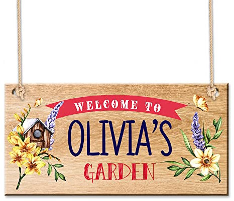 Personalised Garden Sign and Plaques Wooden Signs Garden Signs Welcome Sign Door Hanging Wall Sign Yard Signs House Plaque Home Decor with Any Name Christmas Gardening Gifts for Women(Design 4)