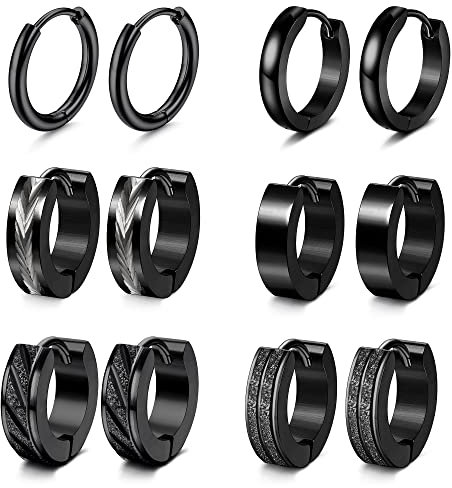 Adramata 6 Paare Herren & Damen Ohrringe - Edelstahl Creolen & Hoops Earrings Set - Schwarz für Punk & Mode