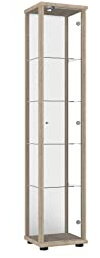 K-Möbel Sammlervitrine (176x37x33cm) - Made in Germany - Vitrinenschrank Sonoma Eiche mit 4 höhenverstellbaren Glasböden, Spiegel & Schloss - Glasvitrine Stehend - Display Cabinet
