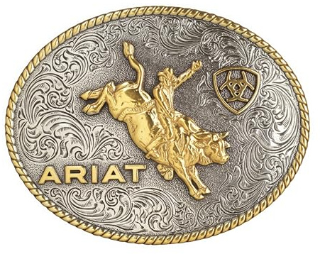 ARIAT Oval Buckle with Bull Rider Motif, Rope Edge, Antique Silver and Gold Finish, 4 x 3