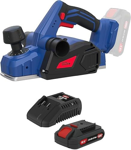 Güde Akku Hobel HO 18 (18 V, max. 82 mm Hobelbreite, Spantiefe max. 1,5 mm, Falztiefen-/Parallelanschlag, Staubfangsack, 2x Messer, inkl. 3 A Schnellladegerät & 2 Ah Akkupack Starter-Kit LGAP 18-3020)