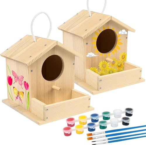 LotFancy 2 Pièce Maison Oiseaux Exterieur, Kit de Bricolage Cabane Oiseaux en Bois pour Enfant à Construire et Peindre, Loisir Creatif Activités Manuelles Fille et Garçons