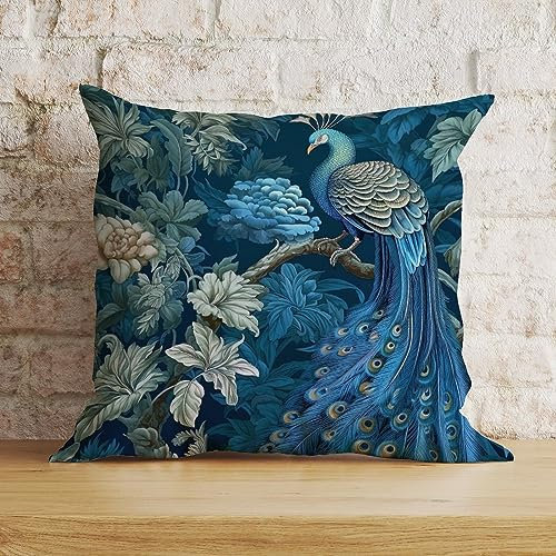 Zyadsinoudor Blauer Pfau Chinoiserie Kissenbezug Orientalischer chinesischer Kissenbezug 45,7 x 45,7 cm dekoratives Kissen Home Baumwolle Leinen Akzent Überwurf Kissenbezug für Auto Sofa Schlafzimmer