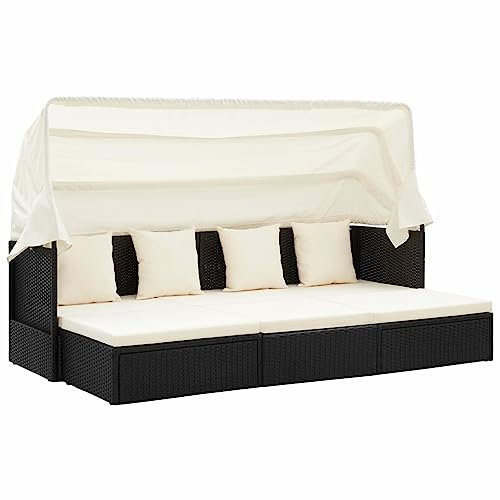 CIADAZ Gartenbett mit Dach, Liegen, Sonnenliege, Liegeinsel Outdoor, Outdoor Bett, Doppelliege, Gartenliege, Daybed Outdoor, Schwarz Poly Rattan -at
