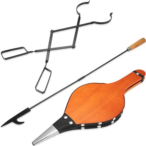 WILLBOND 3 Pcs Fireplace Tool Set, Poker Tong Wood Bellow for Fire Pit
