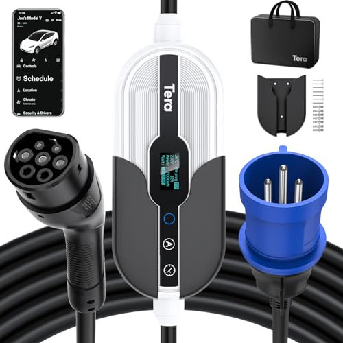 Tera Tragbares Elektrofahrzeug Ladegerät: 7,6KW Typ 2 EV-Ladegerät mit 32 Ampere und 240V WLAN & Bluetooth Einstellbarer Strom 7m Ladekabel mit Halterung CEE 3-Phasen-Stecker IEC 60309, Weiß