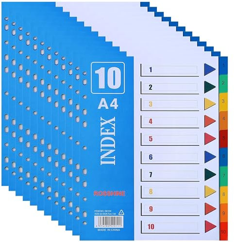 1-10 Part File Dividers A4, 【12Pack】 Plastic A4 Folder Dividers for Ring Binders with11-Holes & Content List, Multi-Colour Index Dividers for Lever Arch Files Ideal for Office School