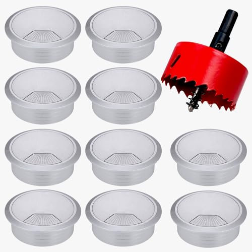 Hejo 10 Stück Schreibtisch Kabeldurchführung, 60mm Kabeldurchlass mit 1 Lochsäge, Kabeldurchführung Tisch Rund für Tisch Büro Arbeitsplatten, Silber