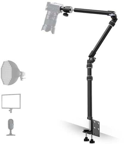 【Ganz aus Metall】RAUBAY Desktop Magic Arm, Overhead-Kamera-Tischhalterung, Tischleuchtenstativ mit 1/4-Zoll-Kugelkopf, 3/8-Zoll & 5/8-Zoll-Adapter, C-Klemme für DSLR, Webcam, Mikrofon, Projektor DMA01