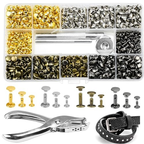 LIMITADA 480 Paires Rivets pour Cuir 3 Tailles, Bouton Pression Cuir, Rivet Tubulaire à Frapper, Rivets Double Calotte, Rivet Creux Laiton et Outil de Fixation et Perforatrice, pour Déco DIY Vêtement