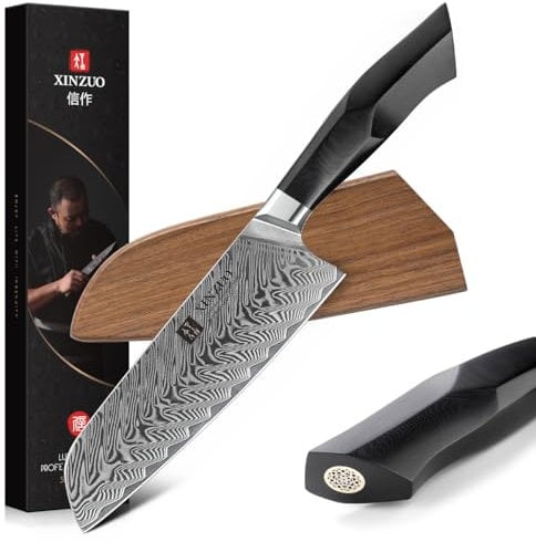 XINZUO Acero de Damasco Cuchillo Santoku 18.6cm, Cuchillo de Cocinero Profesional Forjado de Cuchillos de Cocina Verdura, Mango G10 de Grado Militar con Funda Magnética de Madera de Nogal