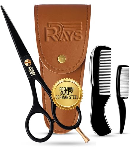 5'' Beard Scissors for Men- German Mustache Scissors with Beard & Mustache Comb- Beard Trimming Scissors with Travel Pouch- Mustache Grooming kit for Men Facial Hair Styling-Mustache Trimmer.