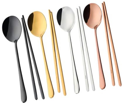 Ciieeo 4 Juegos Cuchara De Mango Largo Chopstix Cucharas De Metal Utensilios Coreanos Palillos y Cuchara Coreanos Cubiertos De Acero Inoxidable Vajilla De Metal Cuchara Redonda Portátil