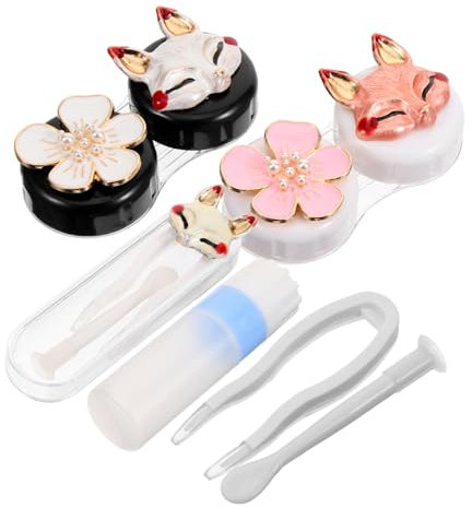 KOMBIUDA Portable Case Set Contact Removal Tool, Small Cosmetic Lens Holder Box for Travel and Outdoor Use, Fox Design Women’s Dual Storage Contact-Lens Container