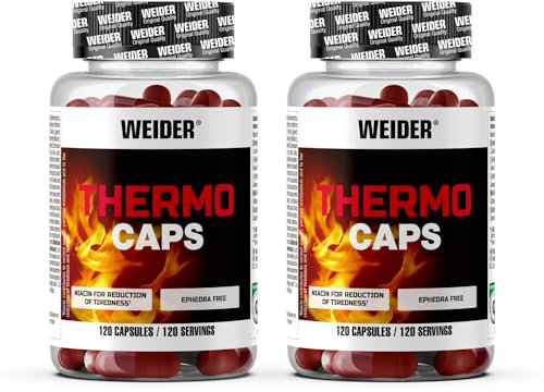 Weider Thermo Caps DUO PACK (2x120 Cápsulas) Quemagrasas Potente para Adelgazar, Acelerador metabolismo, ingredientes naturales termogénicos, L-Carnitina, Cafeína, Cúrcuma, control apetito, Vegano