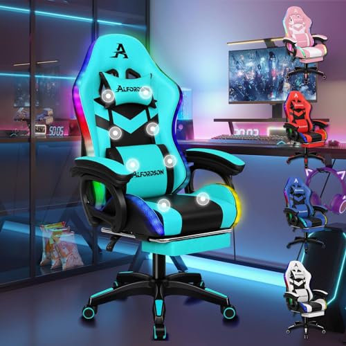 ALFORDSON LED Silla Gaming, Silla Gamer con Masaje de 8 Puntos, Silla de Ordenador Ergonómico con Iluminación RGB con Soporte Lumbar y Reposacabezas, Altura Ajustable, Cuero sintético, Cian