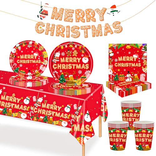 MORAINJAY Set de 70 piezas de vajilla de papel para fiesta navideña, decoración de mesa con estampado de Papá Noel y muñeco de jengibre, vasos, platos, servilletas y banner para Nochebuena en casa.