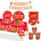 MORAINJAY Set de 70 piezas de vajilla de papel para fiesta navideña, decoración de mesa con estampado de Papá Noel y muñeco de jengibre, vasos, platos, servilletas y banner para Nochebuena en casa.