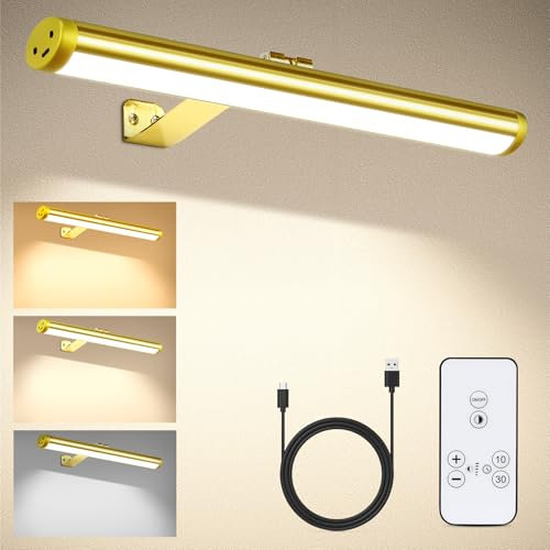 CANMEIJIA Kabellose Bilderleuchte mit Fernbedienung 2 in 1 Bild Beleuchtung Wiederaufladbare mit 3 Beleuchtungsmodi 45cm/17.72in Drahtlose Bilderleuchte LED Gold Für die Kunst der Malerei