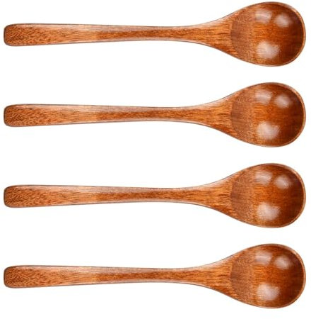 Dokeno 4 Stück Suppenlöffel Set 14,5 cm Natur Holzlöffel Teelöffel Esslöffel Set Zuckerlöffel Servierlöffel Holz Kochlöffel Haferbrei Löffel Dessertlöffel Löffel Set für Honig Kaffee Gewürze Kochen