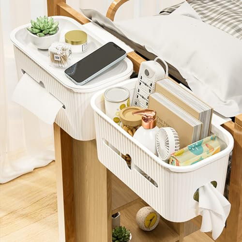 ETOPARS 2 in 1 Bedside Hanging Storage Baskets Dormitory Bunk Bed Pocket Storage Bag Organizer Caddy Desktop Storage Rack for Mobile Phone Magazine Books (Pattern 3-Beige)