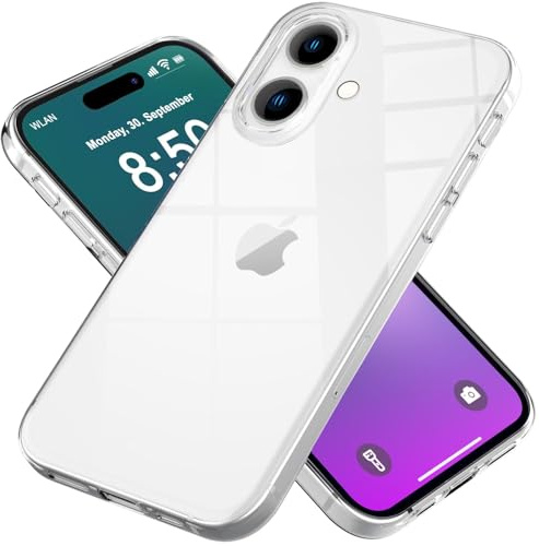 NALIA Transparente Silikonhülle für iPhone 16 Plus - rutschfest - Hülle | Micro-Dot Rückseite ohne Wasserflecken, Stoßabsorbierende Ecken, Griffiges TPU-Material, Präzise Tasten, GLAZE