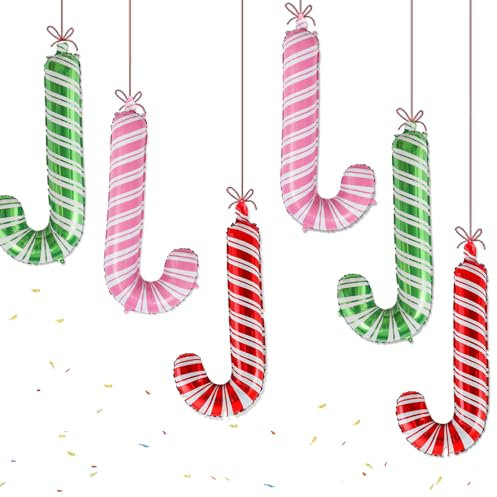 Nine San Lot de 6 ballons de Noël, en forme de canne à sucre d'orge, rouge, rose, vert, en aluminium - Décoration de fête de Noël (80 x 40 cm)