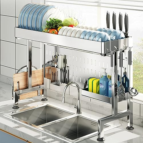 RKJDMSWJ Escurridor de Platos para Cocina sobre el Fregadero, escurridor Ajustable con Gran Capacidad, escurridor Que Ahorra Espacio para encimera de Cocina, escurridor de Platos de 1 Nivel, Acero in