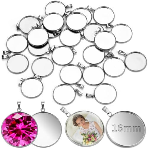 TXXATX 25 Stück Anhänger Tabletts Kit Cabochon Rohlinge 16 mm Edelstahl Anhänger Rohlinge Runde Lünette Rohlinge Tabletts Anhänger Einstellungen für DIY Schmuck Armbänder Ohrring Schlüsselanhänger
