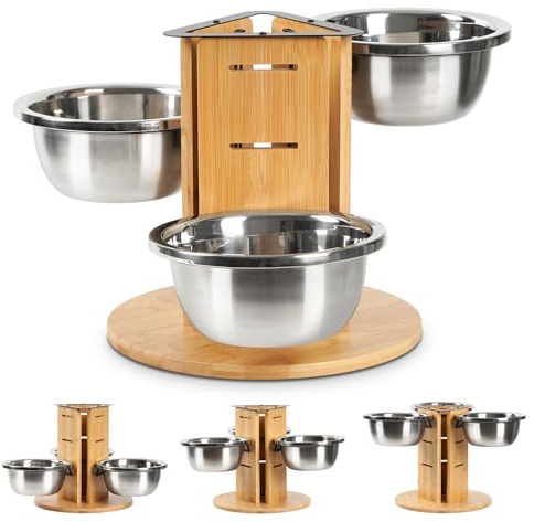 JAZUIHA 3-Height Adjustable Elevated Dog Bowls Stand (5.17-10.63) with 3x48oz Stainless Steel Bowls,Non-Slip Base & 3-Side Design for Large & Medium Dogs