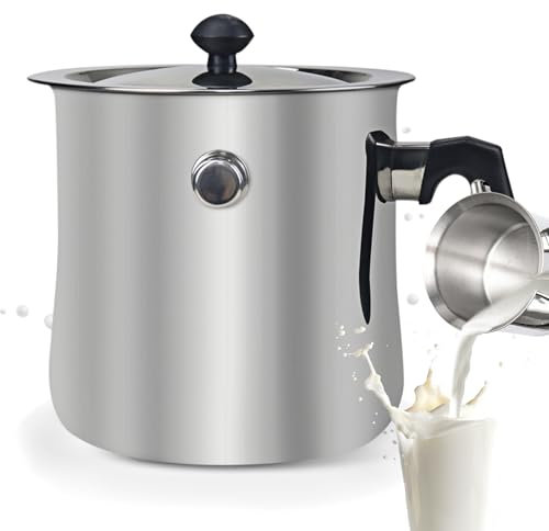 WANDGU Pentola per latte a induzione, a doppia parete, 1,5 litri, in acciaio inox, con beccuccio e coperchio in vetro, alta 15 cm, con manico in plastica antiscivolo, adatta a tutti i piani cottura