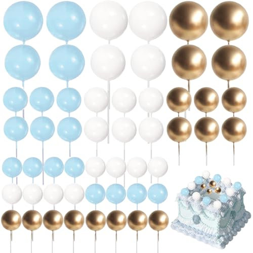 GEMMAHW 54Pcs Blue, White, Gold Cake Balls, Cake Toppers for Boys, Mini Balloons for Birthday, Wedding, Christmas Parties