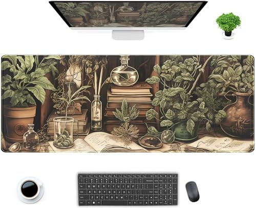 Gaming-Mauspad im Retro-Stil, Olivgrün, XL, groß, erweitertes Gaming-Mauspad, coole Pflanzenliebhaber, Schreibtischunterlage mit genähten Kanten, rutschfeste Gummiunterseite, Mauspad, Laptop,