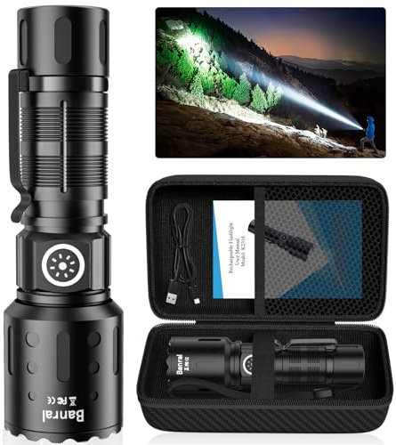 Banral Taschenlampe LED Aufladbar, LED Taschenlampe Extrem Hell kleine Taschenlampen mit Speicherfunktion, 6 Lichtmodi Zoombare Wasserdicht Flashlight Torch für Outdoor, Notfäll (1, Schwarz)