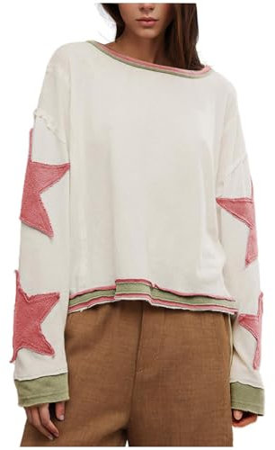 Free People Women's Oversized Long Sleeve Star Print Drop Shoulder Sweatshirt Top - Y2k Loose Fit Casual Lightweight Pullover for Spring and Fall