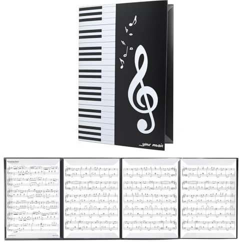 4 Seitig Notenordner Aufklappbar, Notenmappe Faltbar, für Klavier, Gitarre, Violine, Musiknotenhalter und Präsentationsmappe, Schwarz, für Musiker und Studenten