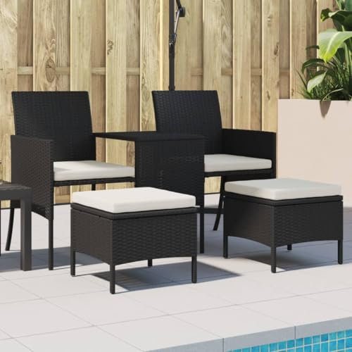 NQJIBUE Gartensofa 2-Sitzer mit Tisch und Hockern, schwarzes Poly-Rattan, Outdoor-Sitzgelegenheit, Outdoor-Sofas