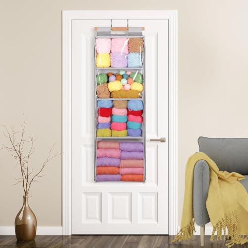 Hanging Yarn Storage with 4 Large Pockets, Clear Knitting Organizer Storage with Zippers for Crochet Lovers, Hanging Yarn Holder with Over-Door Hooks for Crochet Hooks Knitting Needles(grey)