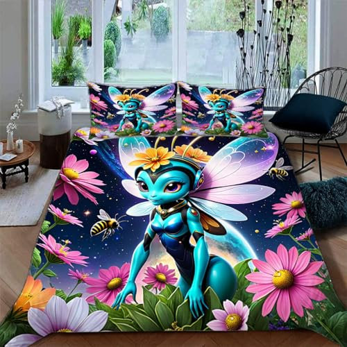 Zbeiba Bettwäsche 135x200,Bettbezug Set 3 Teilige mit 2 Kissenbezug,Blume Libelle Dschinni Muster（135x200+2 * 80x80,#7）