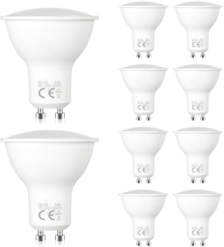 Liuyife 10 Pack 5W GU10 LED Spotlight, Cool White 6500K,120 Degree Beam Angle, 5W Equivalent to 50W Halogen Lamp, Low Energy Consumption, Suitable for Ceiling Pendant Lights, Recessed Lights, Kitchen
