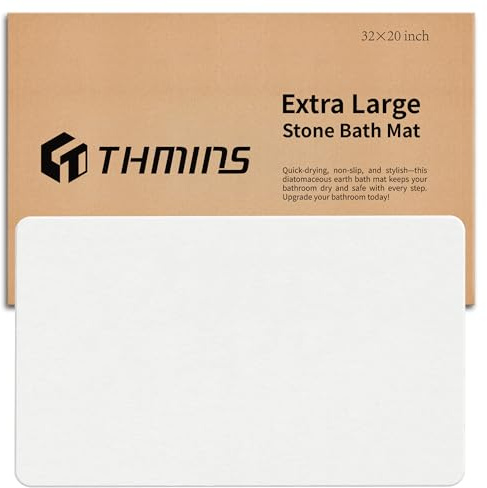 THMINS XXL Stein-Badematte aus Kieselgur für Dusche, 80 x 50 cm, Weiß | Stark saugfähig, schnelltrocknend, rutschfeste Unterlage, pflegeleicht, für Dusche und Badezimmer
