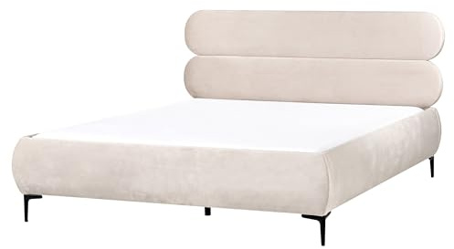 Beliani Classic Minimalist EU King Size Velvet Bed Frame 5ft3 Wingback Headboard Black Metal Legs Bedroom Light Beige Lessay