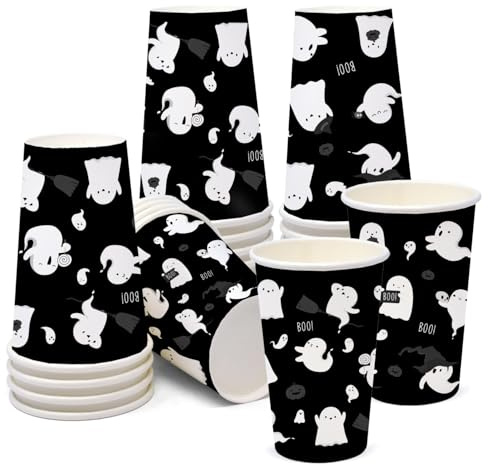 AIBIIN 50 PCS Halloween Party Paper Cups 16 oz Black White Ghost Coffee Cups Cute Halloween Disposable Cold Hot Chocolate Paper Coffee Cup Decorations Boo Ghost Table Party Supplies Decorations