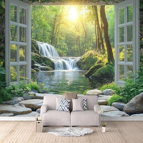 3D Fototapete Waldwasserfallsee 250x175 cm Foto Tapete Vlies Wandtapete, Modern 3D Effekt Motivtapeten Vor Dem Fenster,für Wohnzimmer Schlafzimmer, Kinderzimmer.