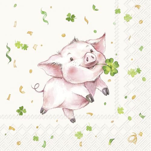 20 Servietten Glück Schweinchen mit Kleeblatt als Tischdeko. Papierservietten mit Motiv. Auch für Decoupage und Serviettentechnik 33x33cm